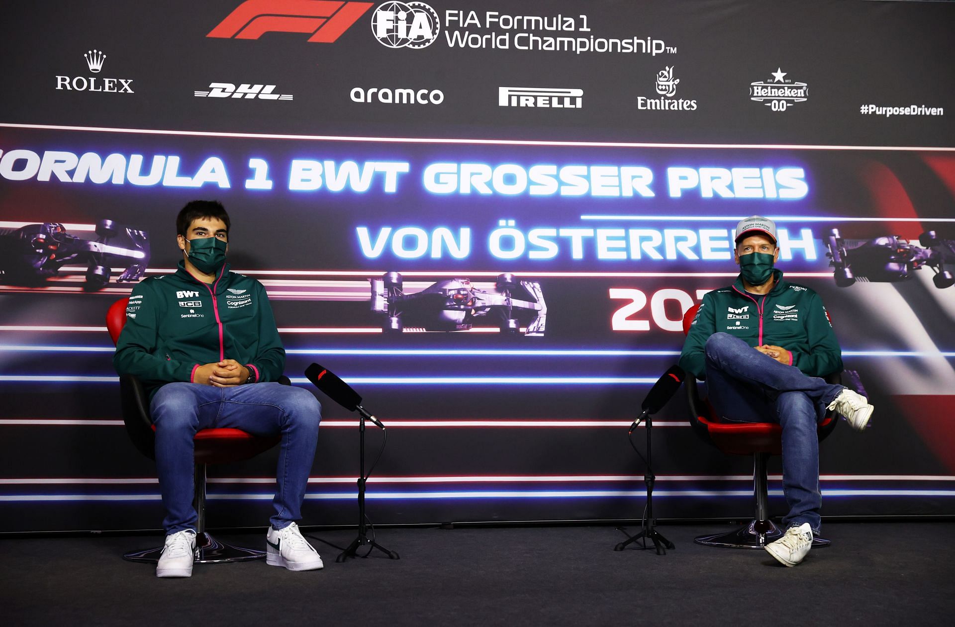 Aston Martin team drivers Lance Stroll and Sebastian Vettel in a Drivers&#039; Press Conference (Photo by Clive Rose/Getty Images)