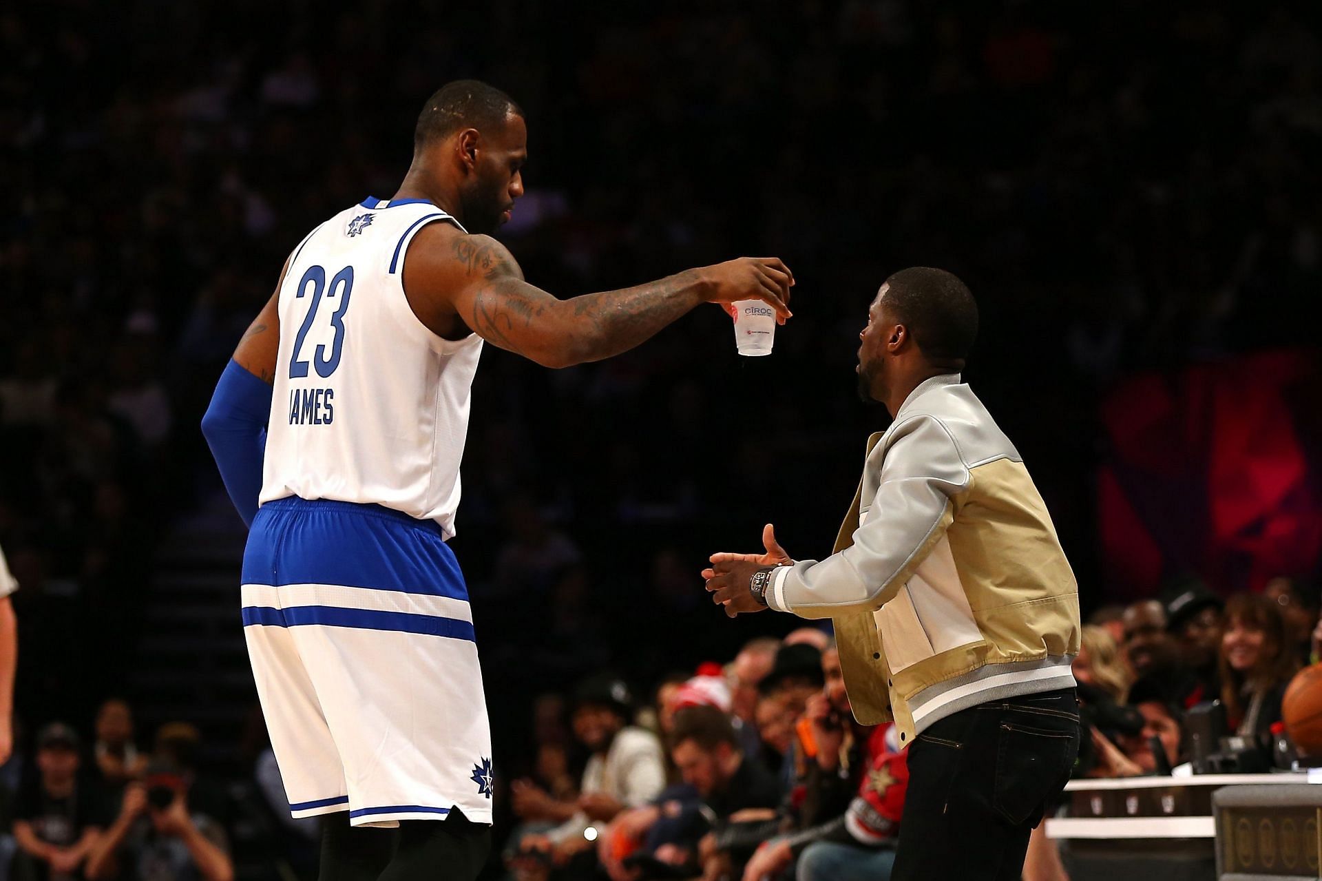 LeBron James steals Kevin Hart&#039;s drink during the NBA All-Star Game - 2016