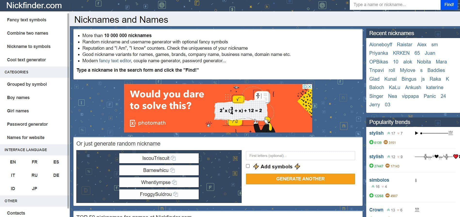 Popular Name Generator Website (Image via Nickfinder)