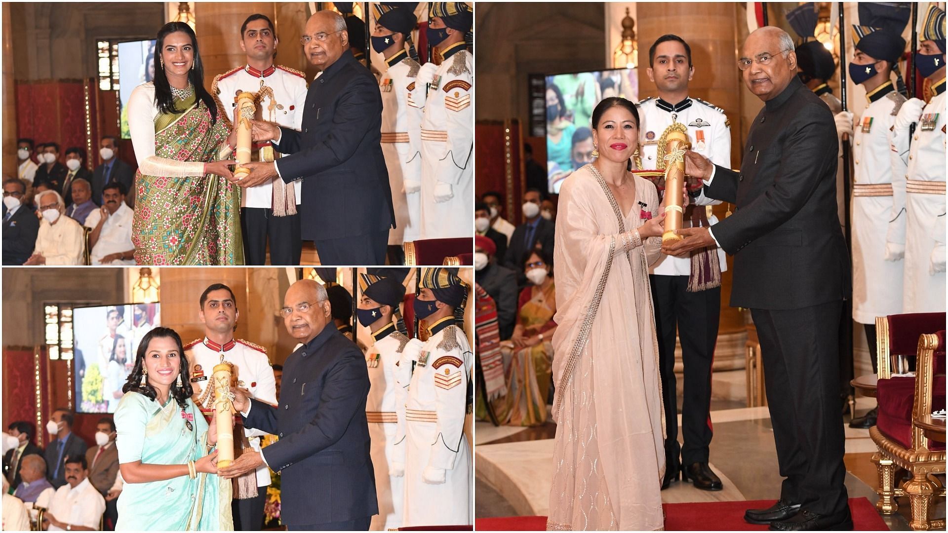 PV Sindhu, Rani Rampal and the legendary boxer MC Mary Kom receiving Padma Award honors at the Rashtrapati Bhavan. (Pic Credit: SAI)