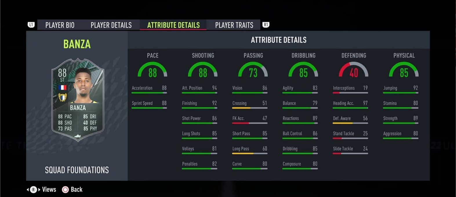 Simon Banza Squad Foundations card stat (Image via FIFA 22)