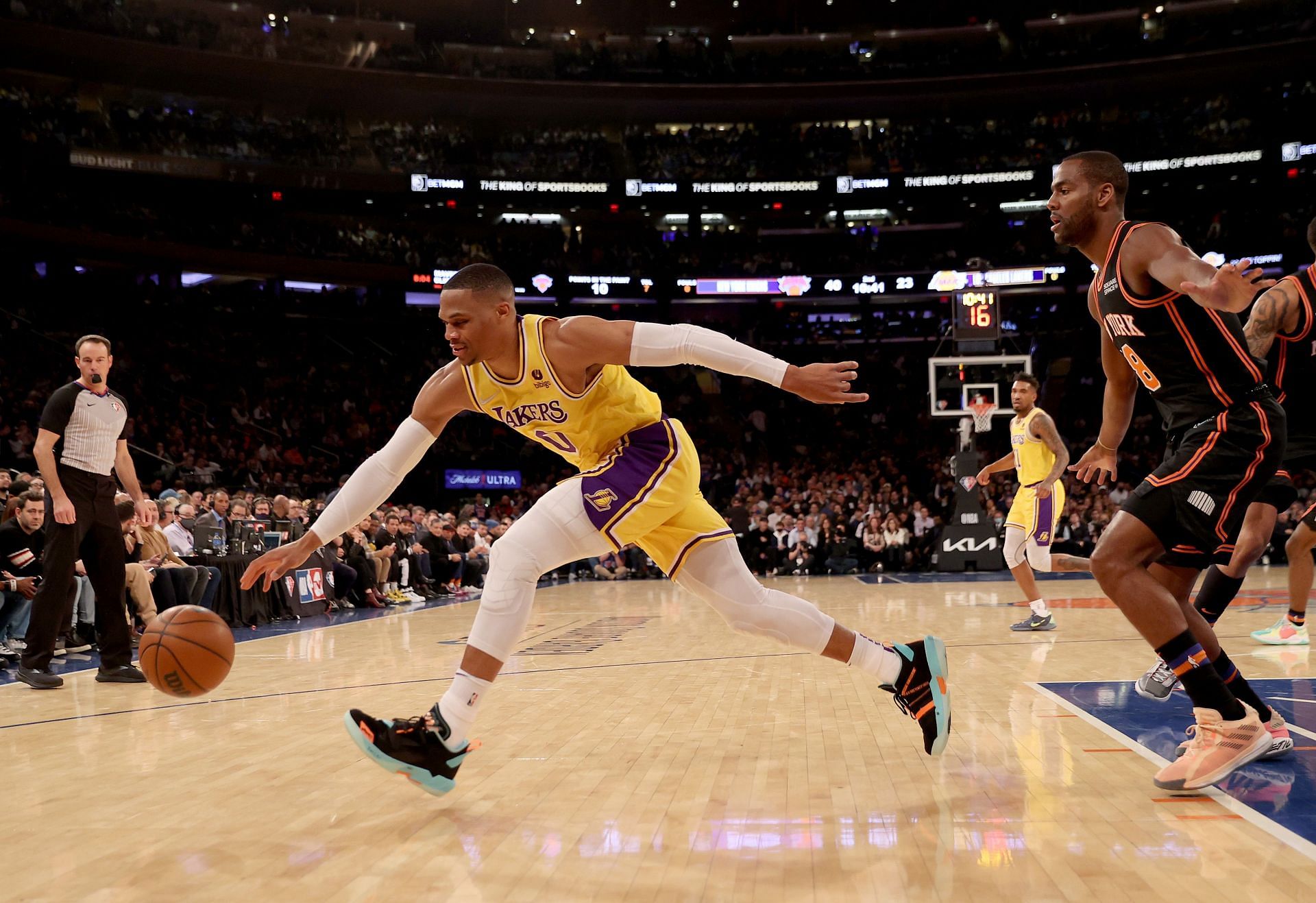 Russell Westbrook #0 of the Los Angeles Lakers chases the loose ball