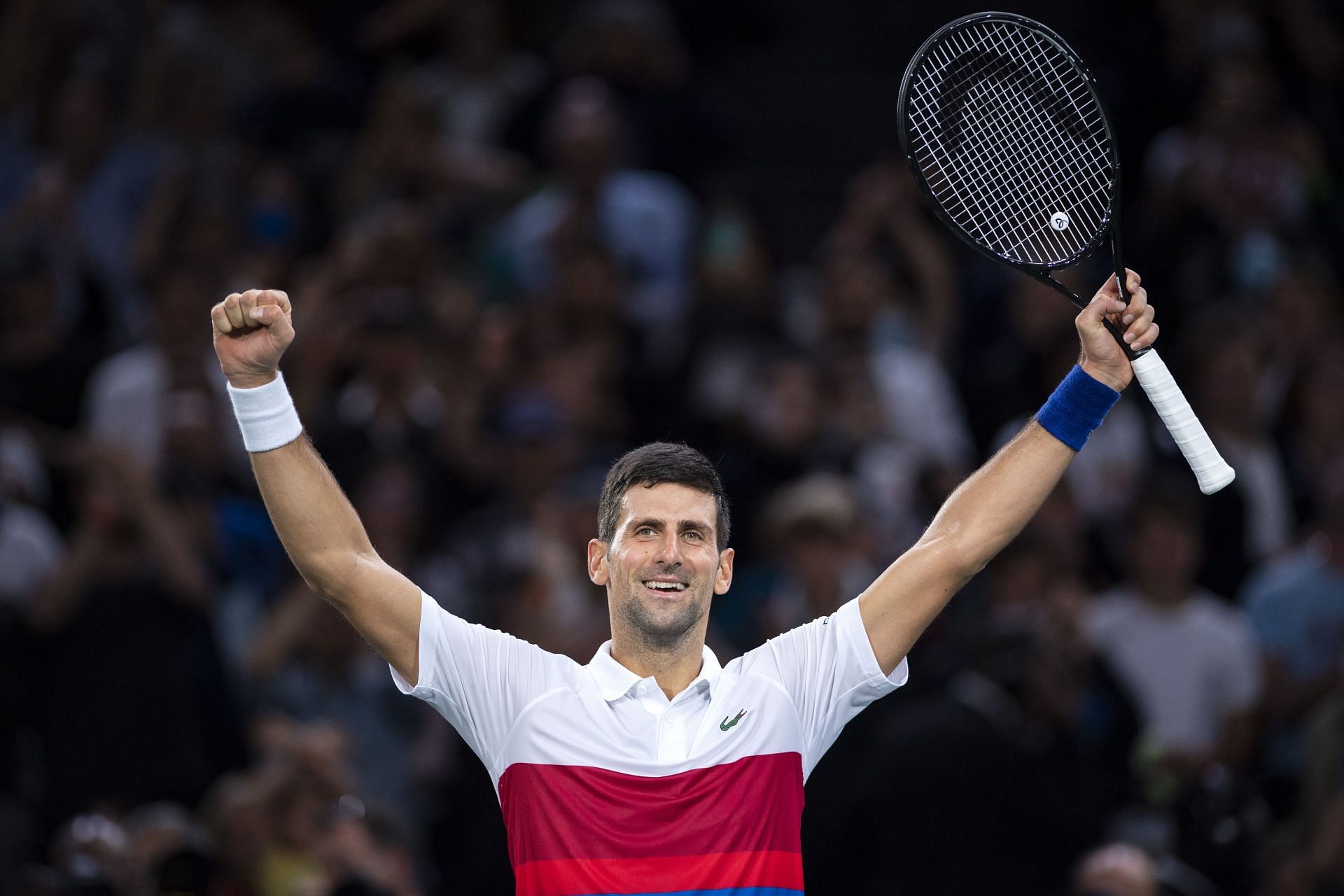 Novak Djokovic celebrates after winning the Rolex Paris Masters