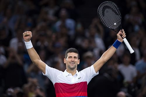 Novak Djokovic celebrates after winning the Rolex Paris Masters