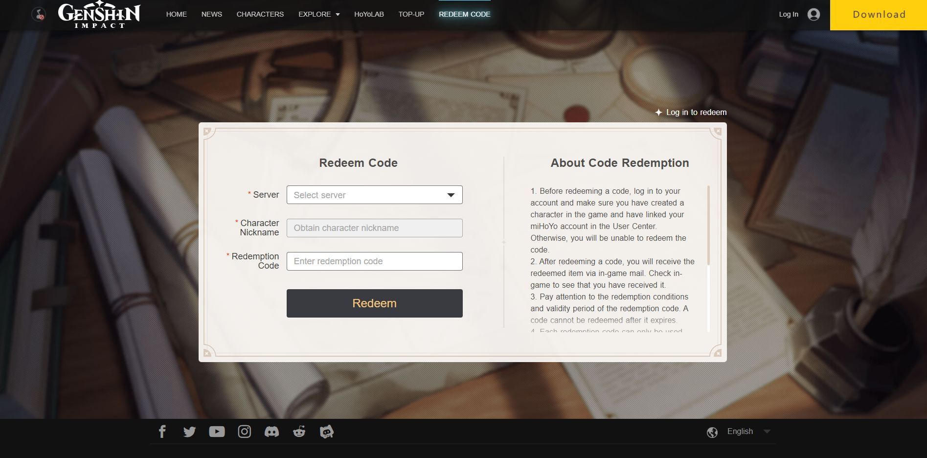 Genshin Impact official redemption webpage (Image via Genshin Impact)