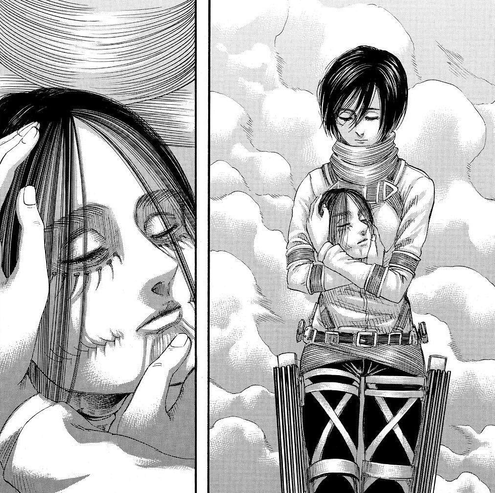 Mikasa holding Eren&#039;s head after killing him to stop the Rumbling (Image via Kodansha)