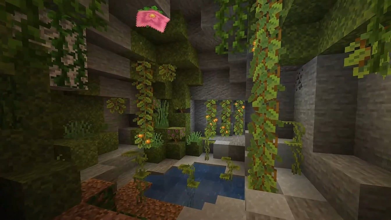 Spore blossoms growing within a lush cave (Image via Mojang).