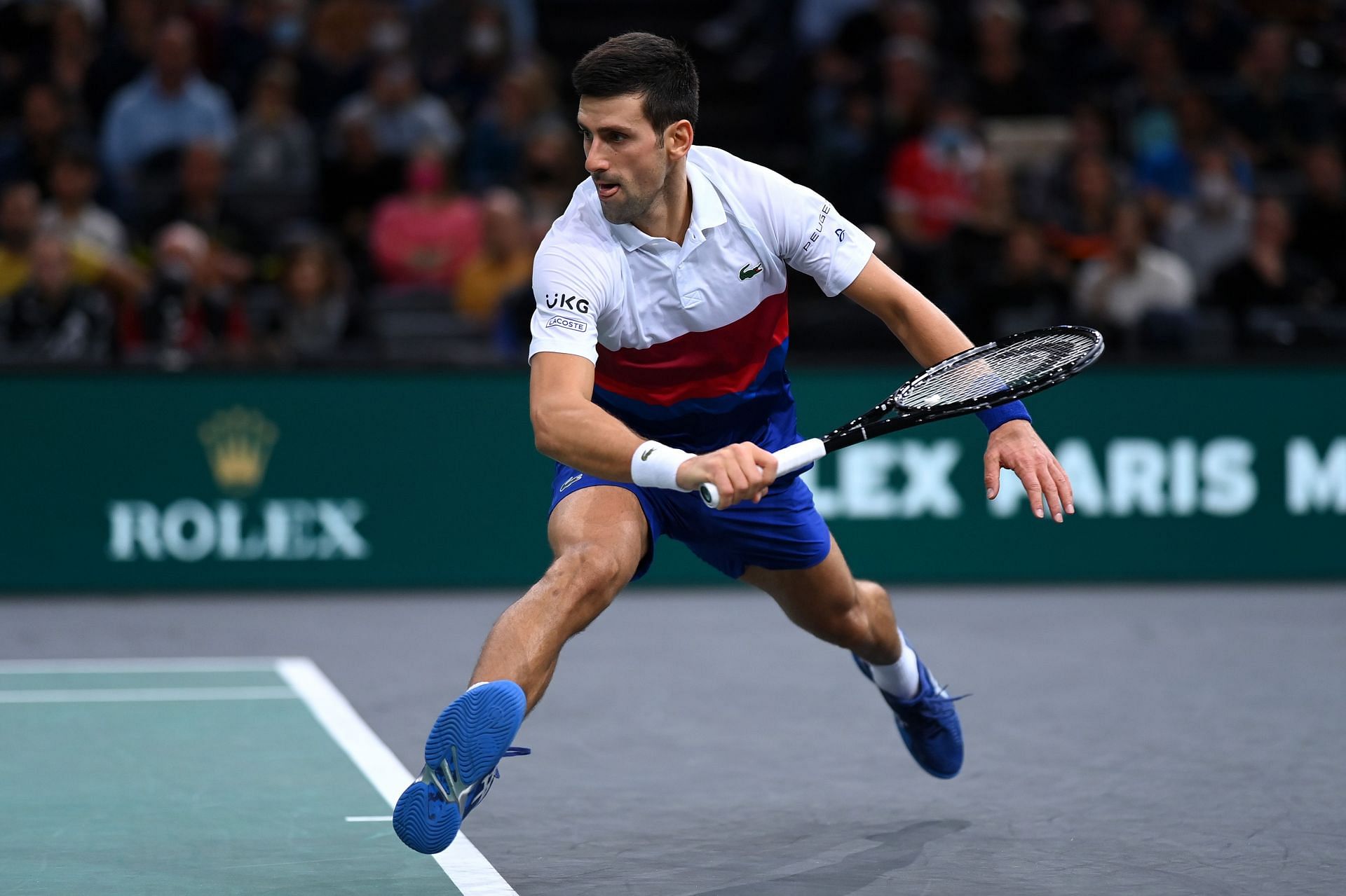 Novak Djokovic in action against Hubert Hurkacz at the 2021 Paris Masters