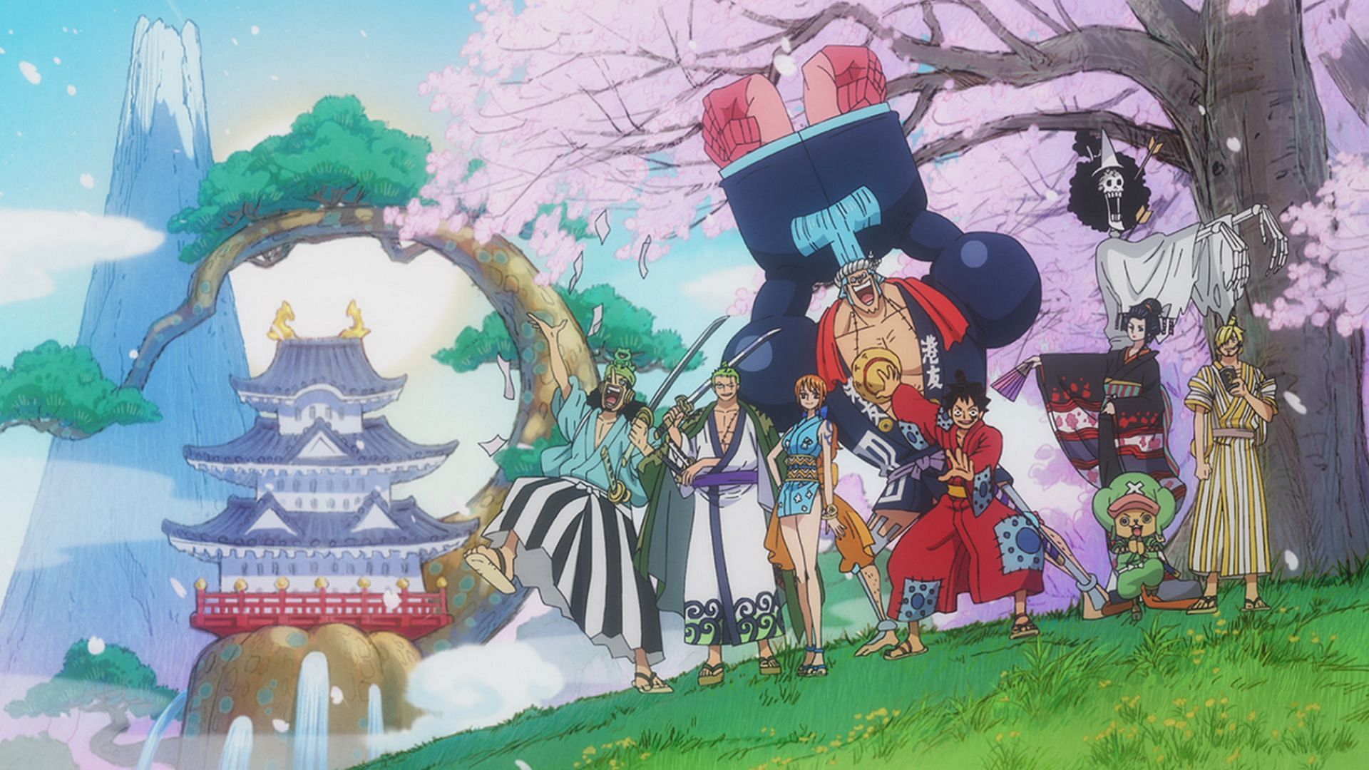 The Straw Hat crew minus Jinbe, as seen in the first opening of the One Piece anime&#039;s Wano arc. (Image via Toei Animation)
