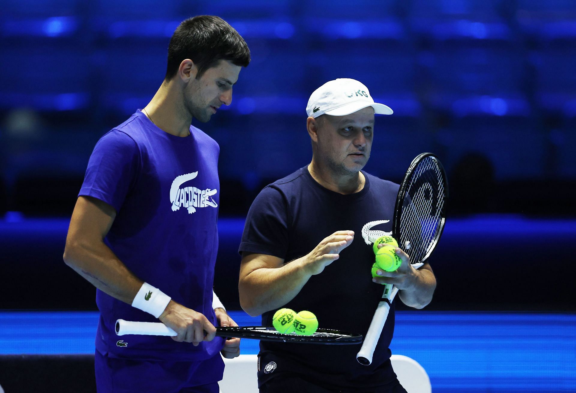 Novak Djokovic with his coach Marian Vajda practice ahead of the ATP Finals.