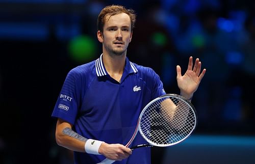 Daniil Medvedev celebrates his win over Casper Ruud at the Nitto ATP World Tour Finals