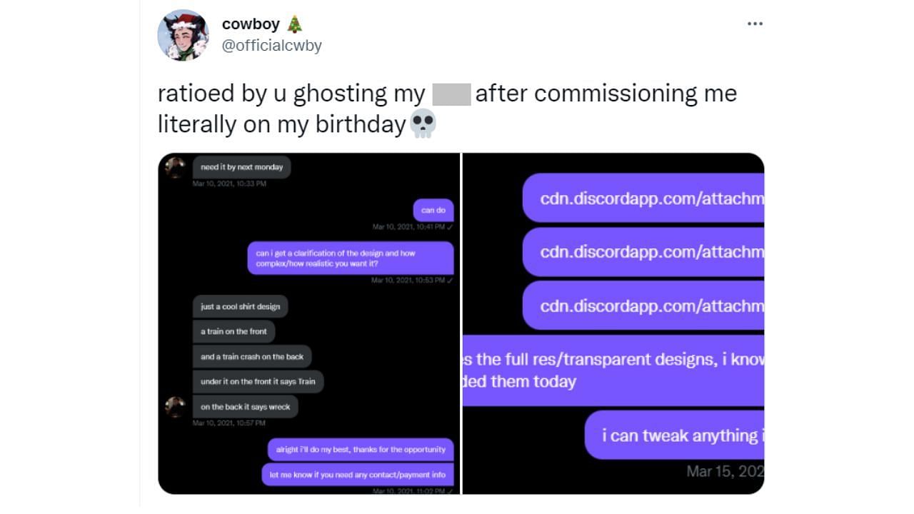 The artist posted screenshots of his conversation with Trainwreck (Image via Cowboy on Twitter)