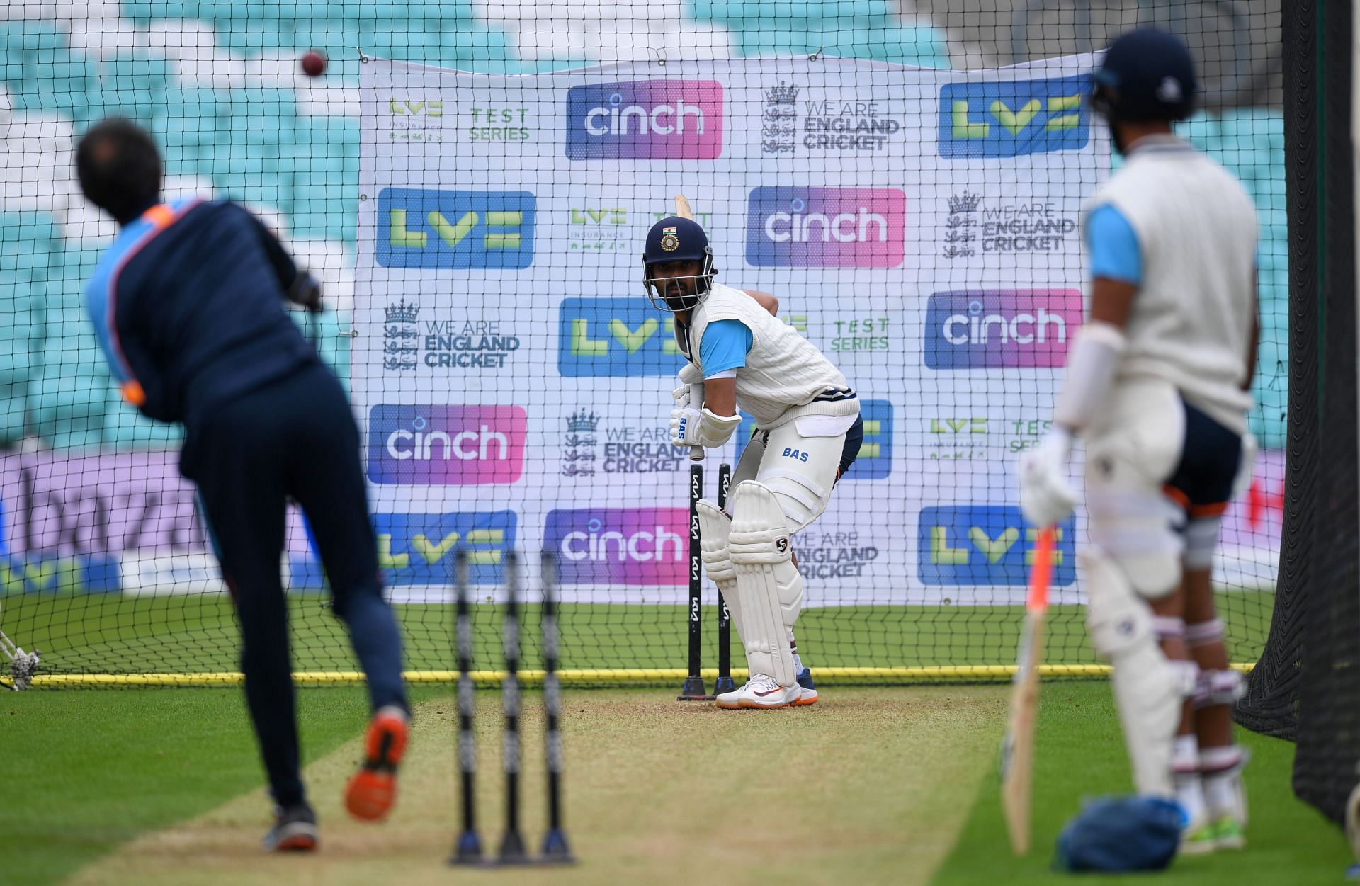 Ajinkya Rahane in action during an India nets session