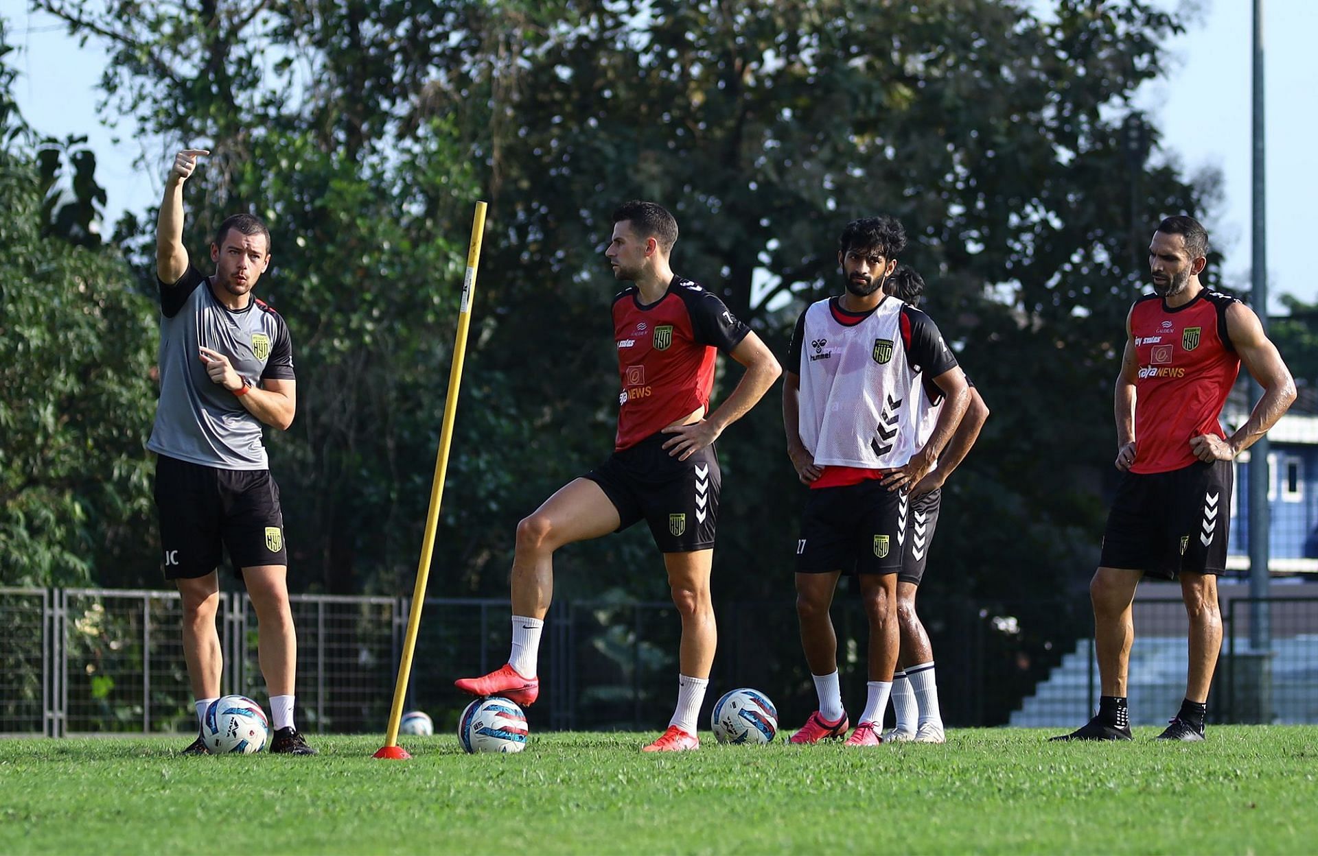Hyderabad FC players Joel Chianese, Nikhil Poojary and Joao Victor in a training session (Image Courtesy: Hyderabad FC Media)