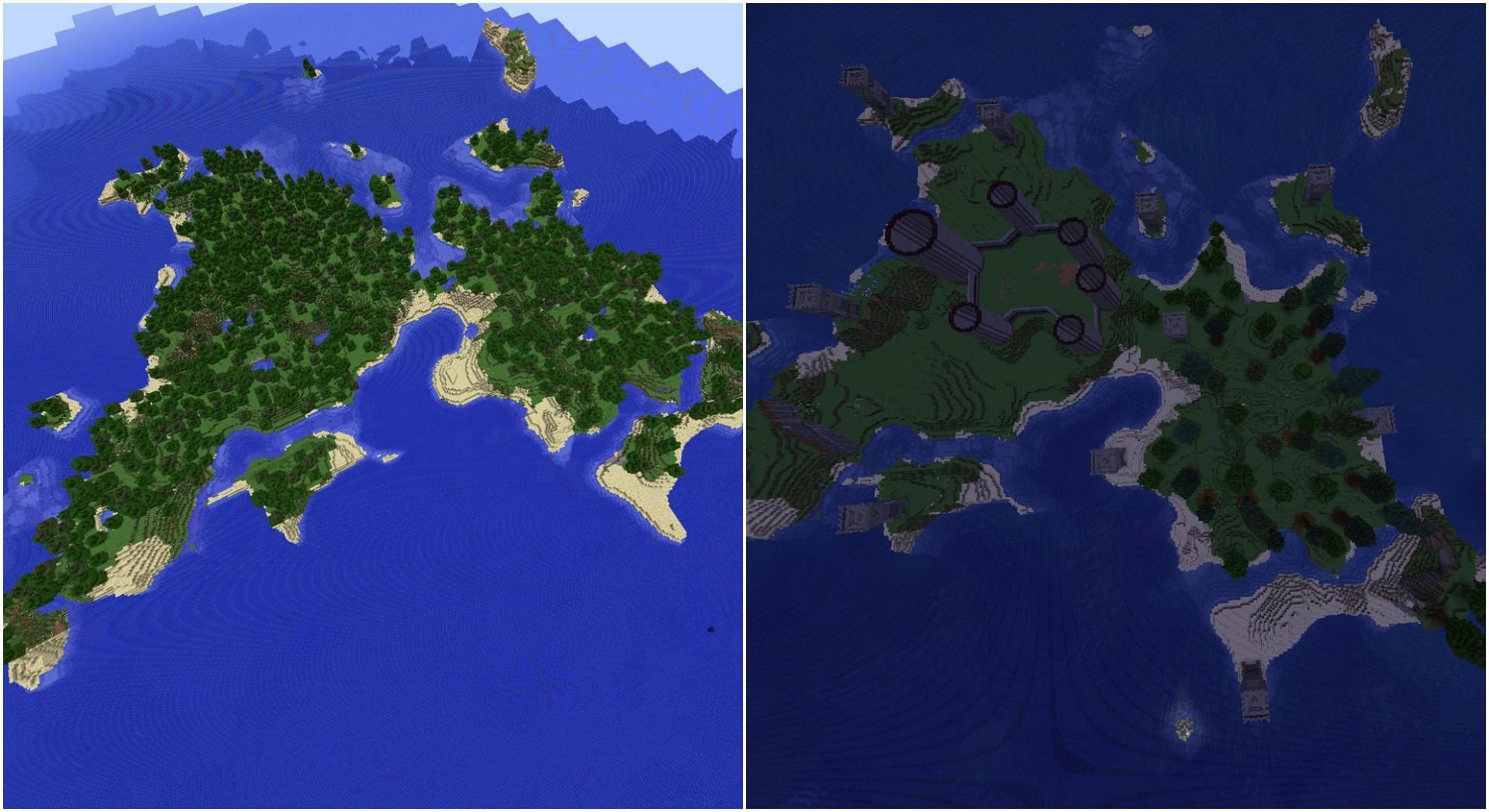 The island before and after clearing all the trees (Image via u/Breach04__ on Reddit)