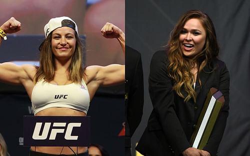 Former UFC women's bantamweight champions Miesha Tate (left) and Ronda Rousey (right)