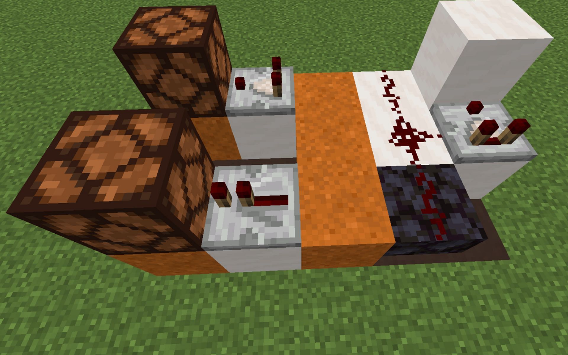 An image of a randomizer circuit&#039;s basic redstone components. (Image via Minecraft.)