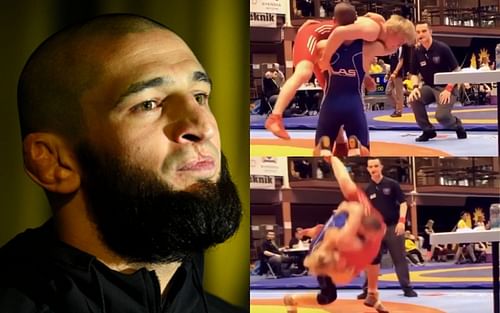 Khamzat Chimaev (left); 'Borz' slamming his opponent in a wrestling match (right) (*Images courtesy: Getty; Fighting Genetics YouTube channel)