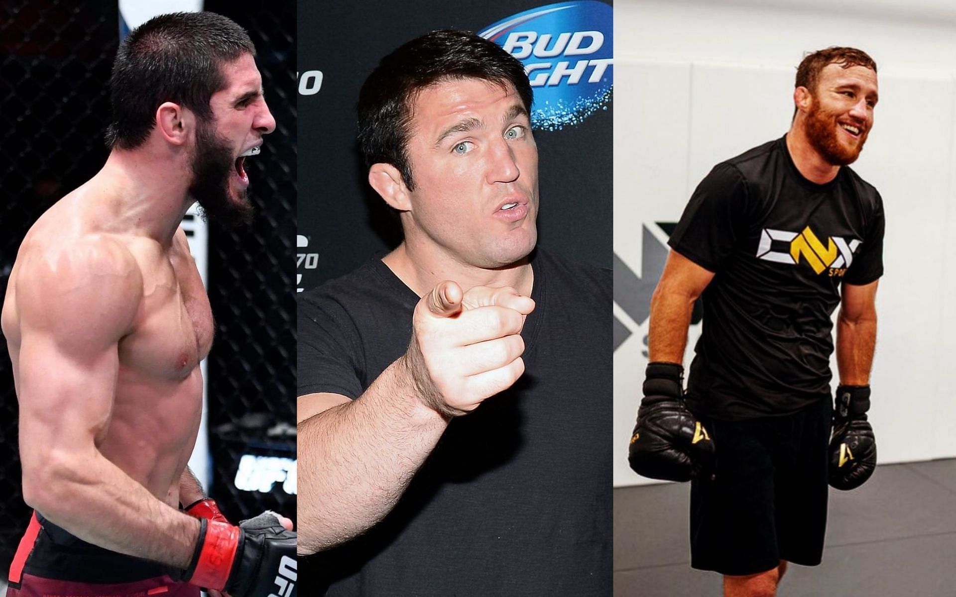 Islam Makhachev (left), Chael Sonnen (center), Justin Gaethje (right) [Credits: @UFC via Twitter, @justin_gaethje via Instagram]