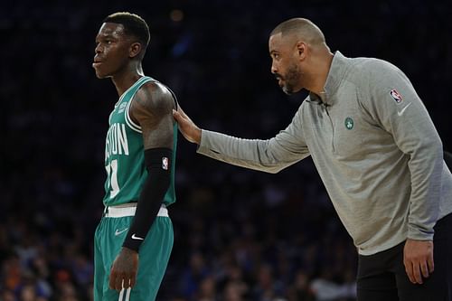 Boston Celtics guard Dennis Schroder (left) with head coach Ime Udoka (right)