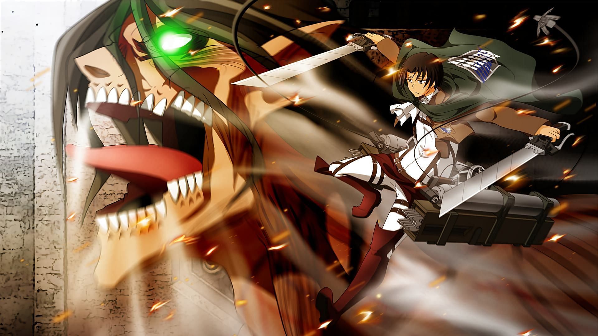 Levi with Eren in titan form in Attack on Titan (Image via wallpaperaccess)