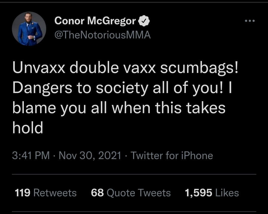Conor McGregor&#039;s now deleted tweet about unvaccinated people