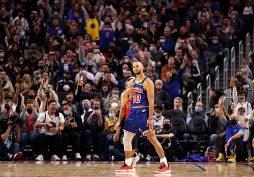 Stephen Curry #30 of the Golden State Warriors reacts after he made a three pointer in the second half against the Chicago Bulls at Chase Center on November 12, 2021 in San Francisco, California.