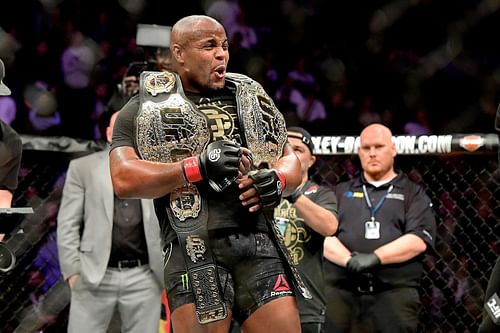 Daniel Cormier celebrates his victory over Derrick Lewis at UFC 230