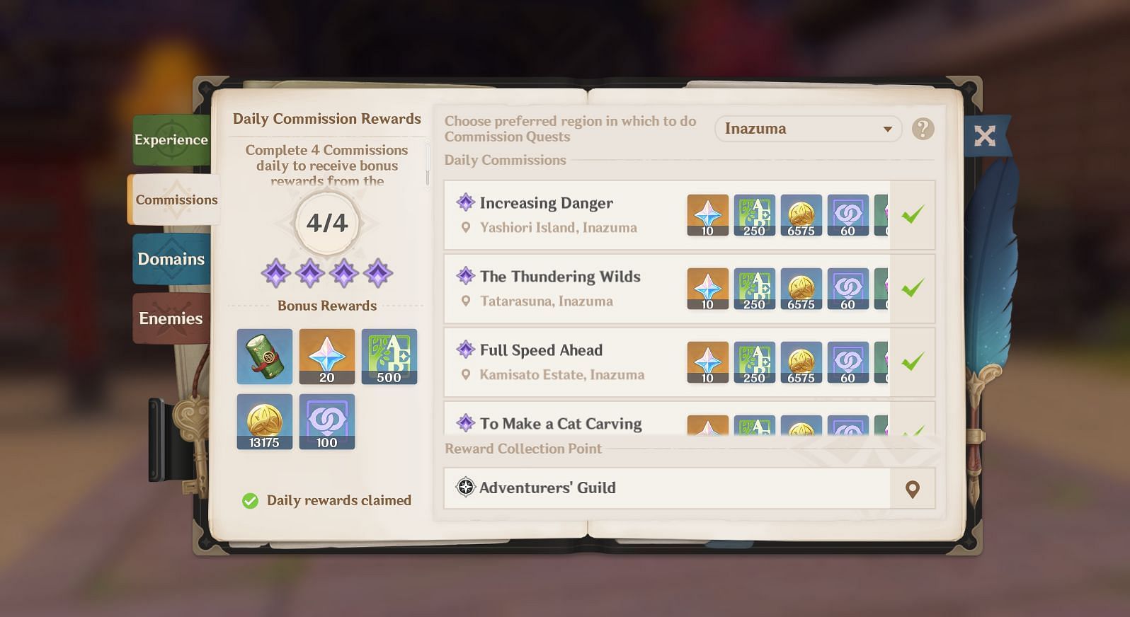 Daily Commission interface in Adventurer&#039;s Book (Image via Genshin Impact)