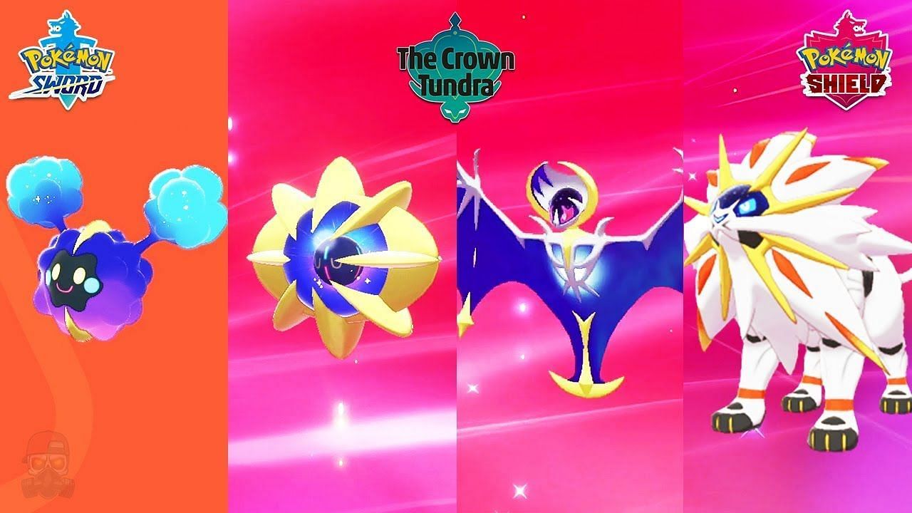 Cosmog, Cosmoem, Lunala, and Solgaleo in Sword and Shield. (Image via Game Freak)