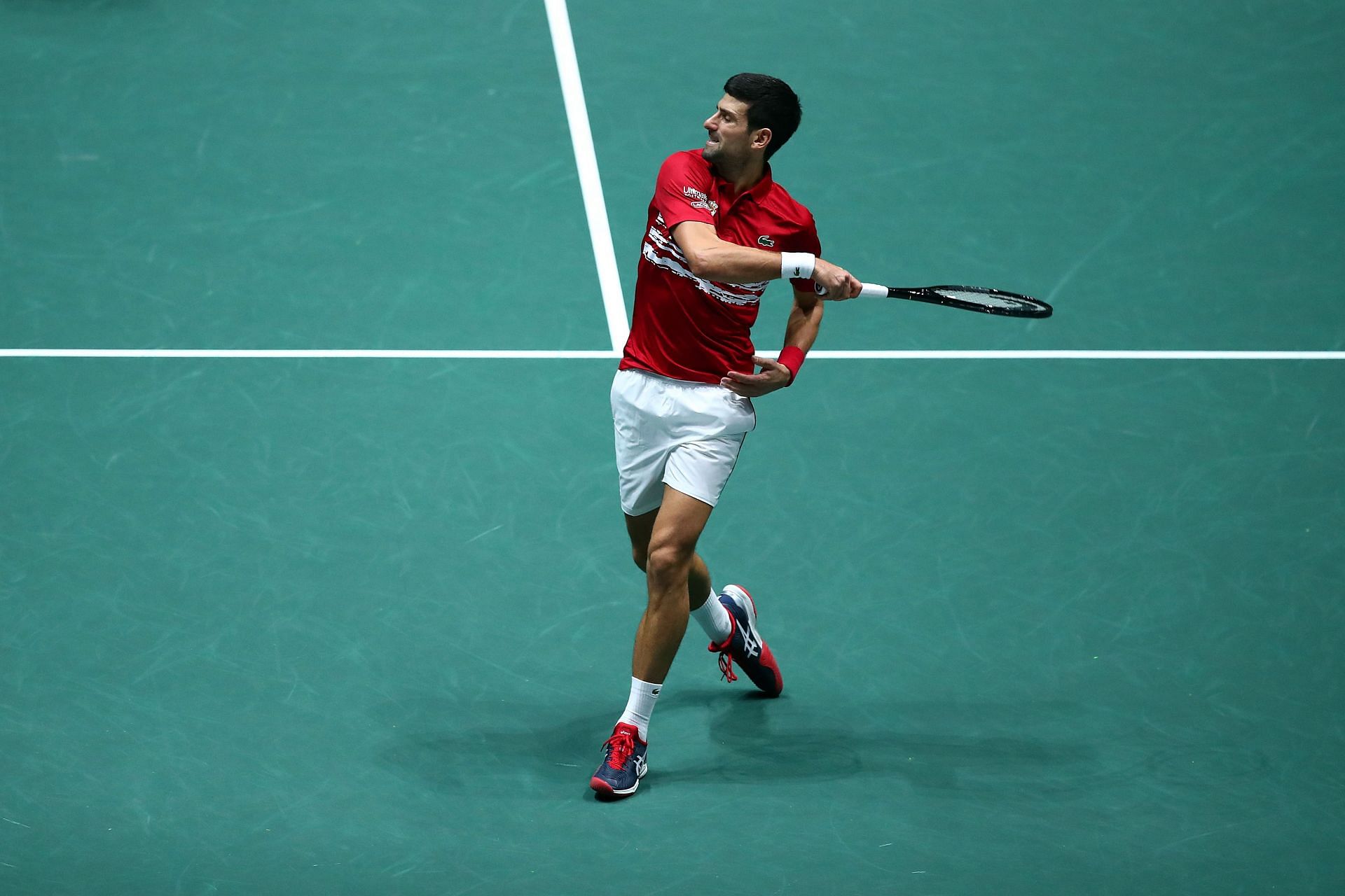 Novak Djokovic celebrates winning a match at the 2019 Davis Cup