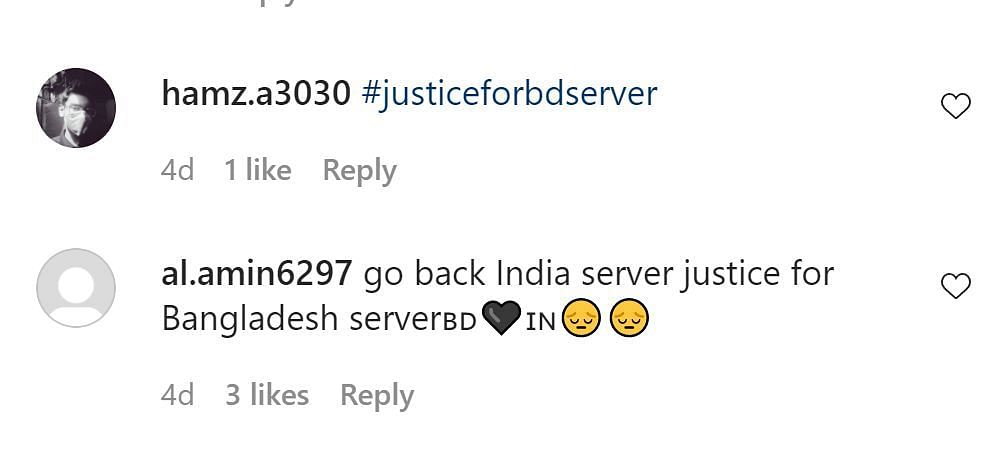 A snippet from the comment section of Free Fire Bangladesh&#039;s post (Image via Instagram)