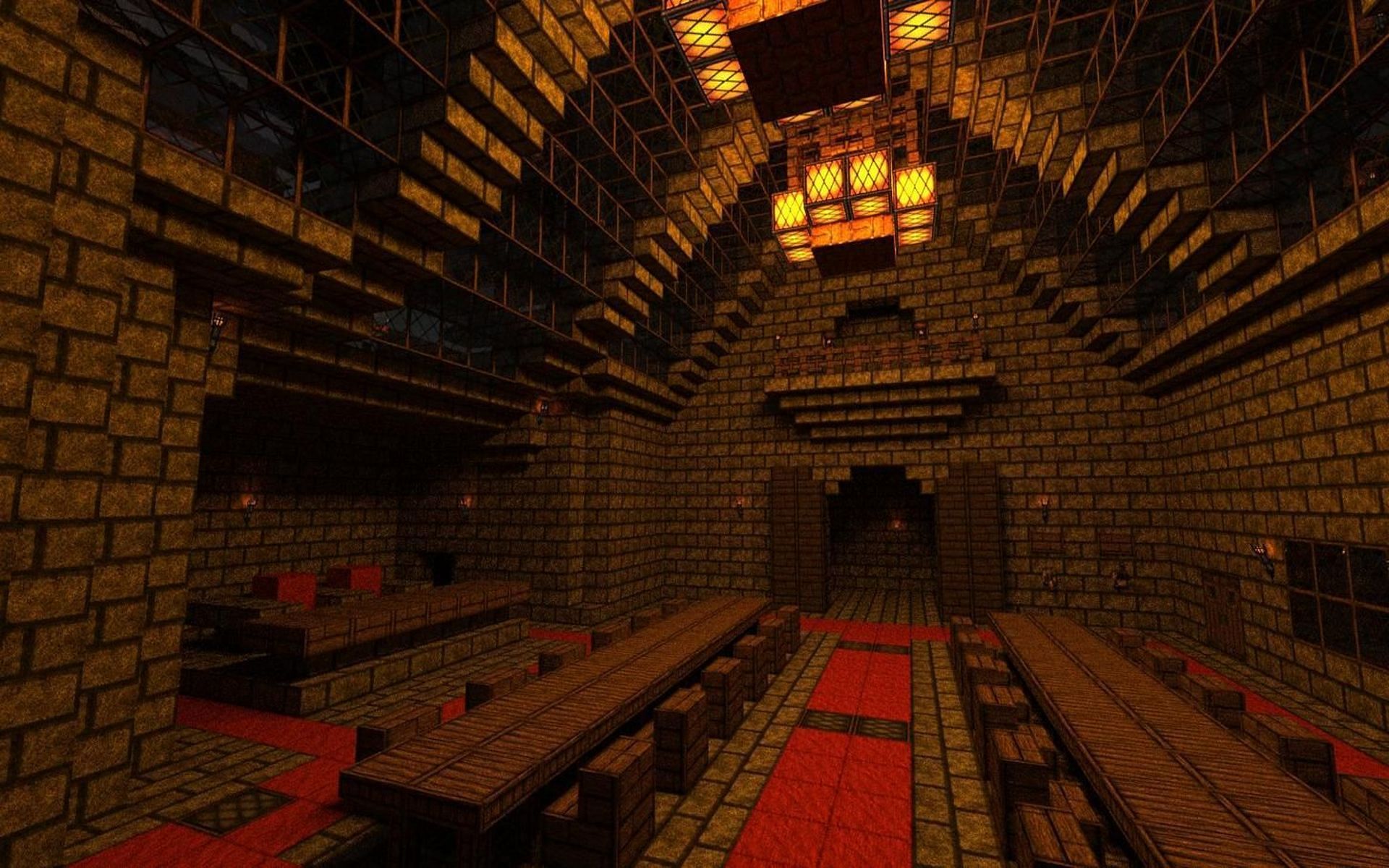 An image of an in-game castle banquet hall (Image via Minecraft)