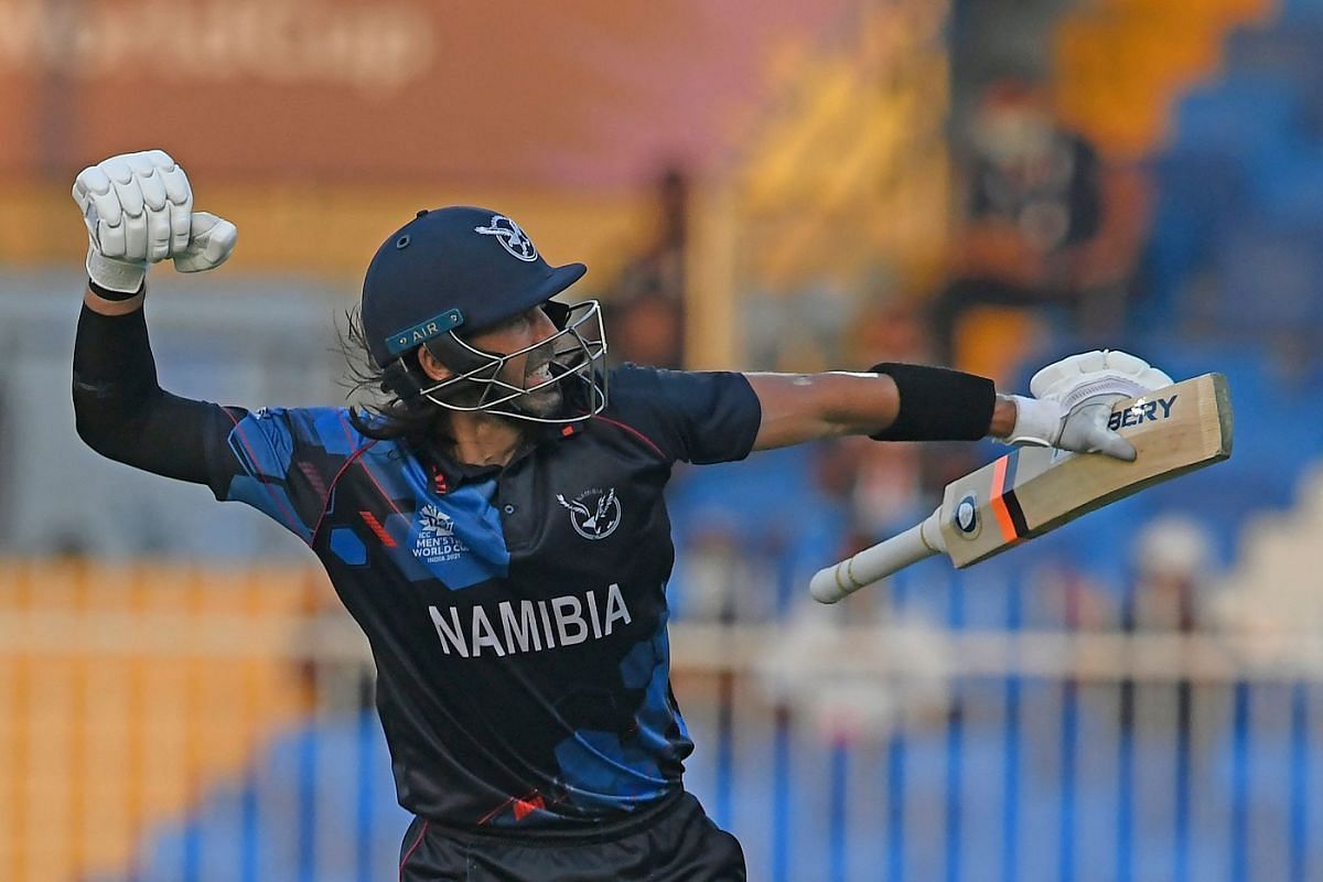 David Wiese celebrates after winning a game for Namibia (Credit: Getty Images)