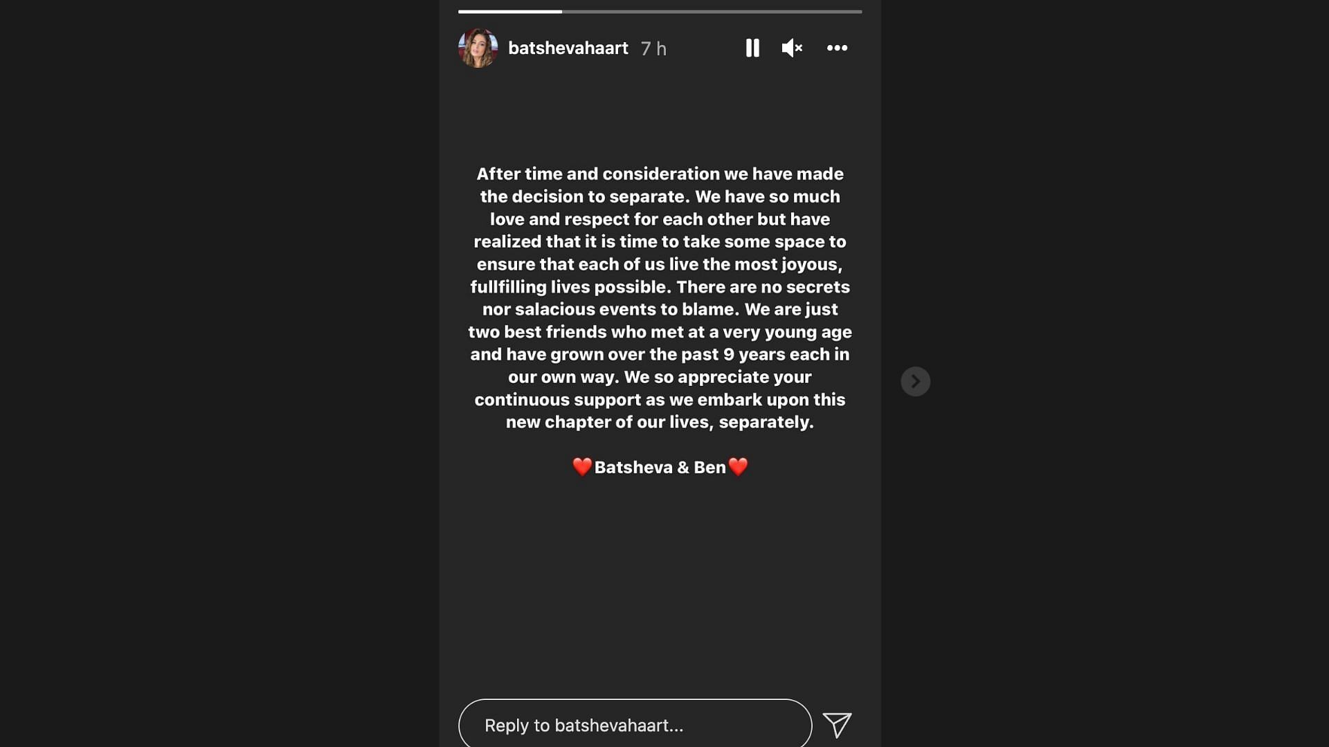 Batsheva Haart announced break-up on her Instagram story (Image via batshevahaart/ Instagram)