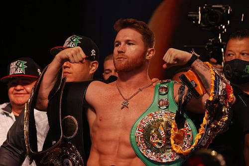 Canelo Alvarez at the weigh-ins for his fight against Caleb Plant