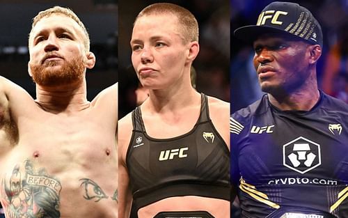 UFC 268 winners: Justin Gaethje (left), Rose Namajunas (center); Women's Strawweight Champion,Kamaru Usman (right);Welterweight Champion