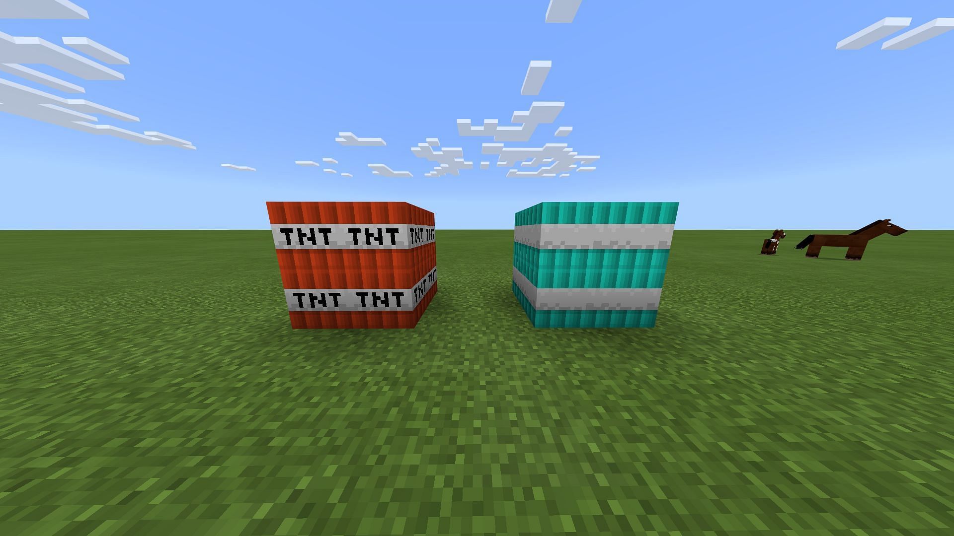 Underwater TNT is blue and does not have its name on it like regular TNT. Image via Minecraft