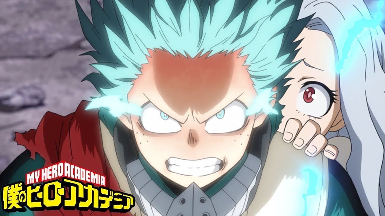 100% Power Deku with Eri on his back, as seen during Season 3 of My Hero Academia (Image via Bones Studio)