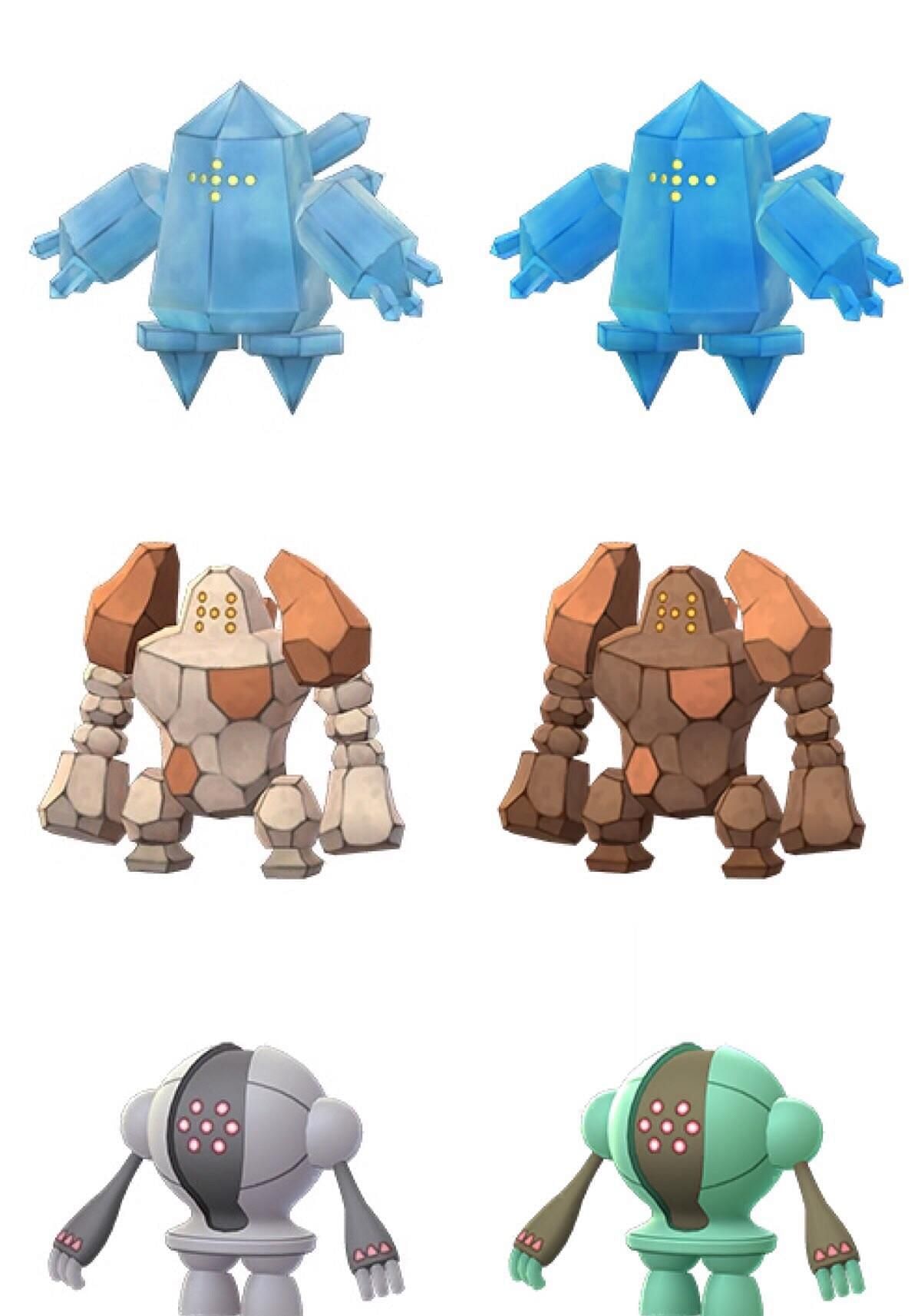Each member of the Legendary Titans alongside their shiny form in Pokemon GO (Image via Niantic)