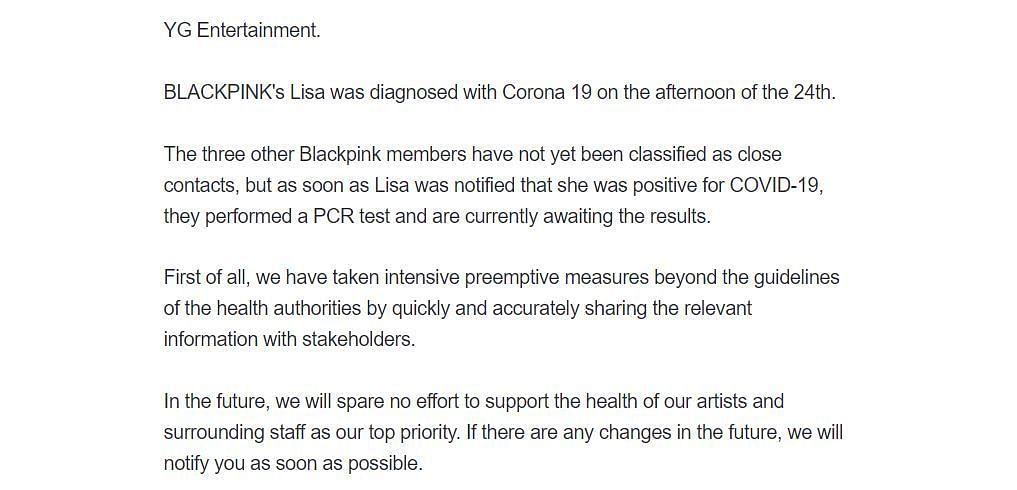 YG Entertainment statement (Screengrab from Star News)