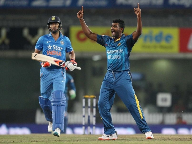 Thisara Perera celebrates after his hat-trick against India