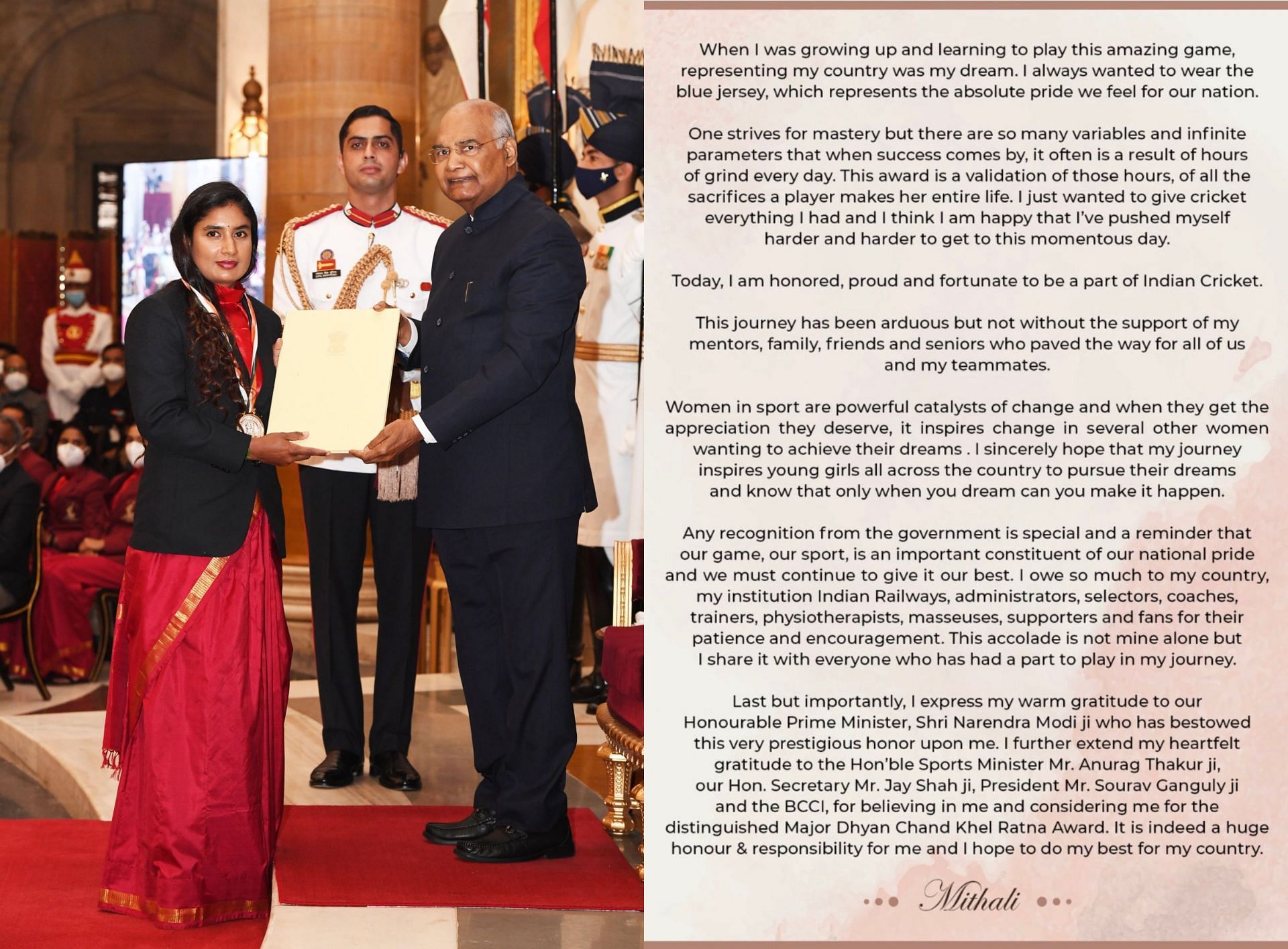 Mithali Raj pens an emotional note after receiving the prestigious Khel Ratna award