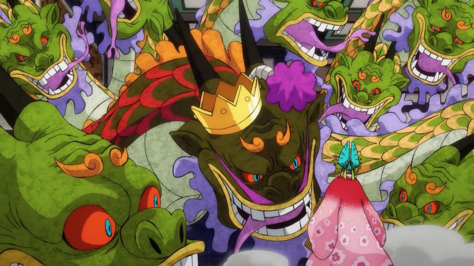 Orochi in his Devil Fruit form surrounds Komurasaki with his eight heads. Fans can expect to see the continuation of the two&#039;s reunion in One Piece Chapter 1034 (Image via Toei Animation)
