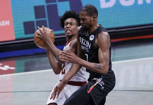 Collin Sexton of the Cleveland Cavaliers and Kevin Durant of the Brooklyn Nets