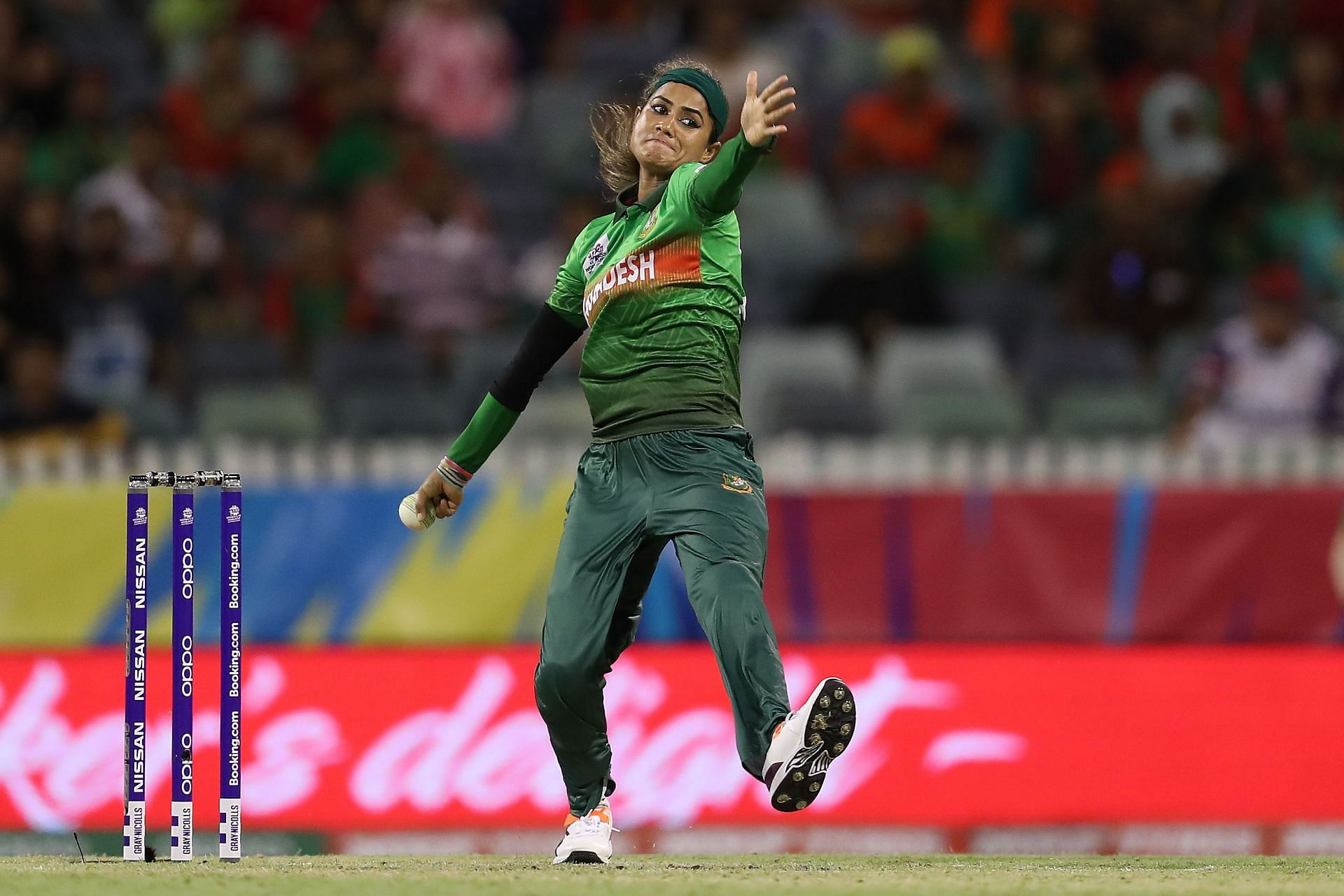 Jahanara Alam in action in the India vs Bangladesh - ICC Women&#039;s T20 Cricket World Cup game.