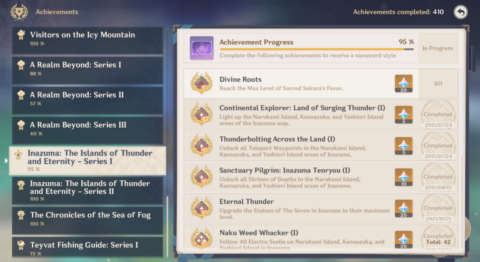 Inazuma achievements (Image via Genshin Impact)