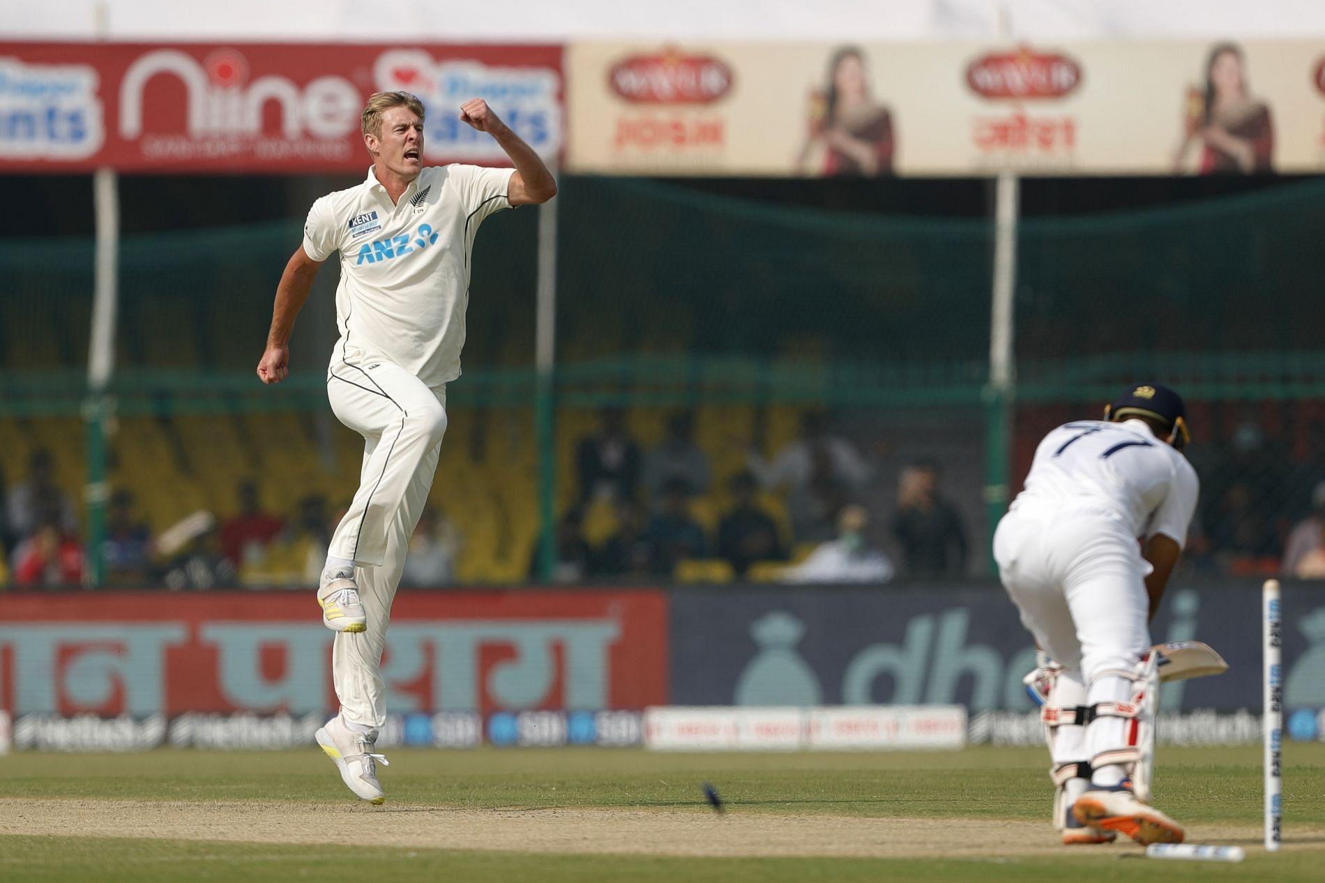 Kyle Jamieson is ecstatic are cleaning up Shubman Gill. Pic: Getty Images