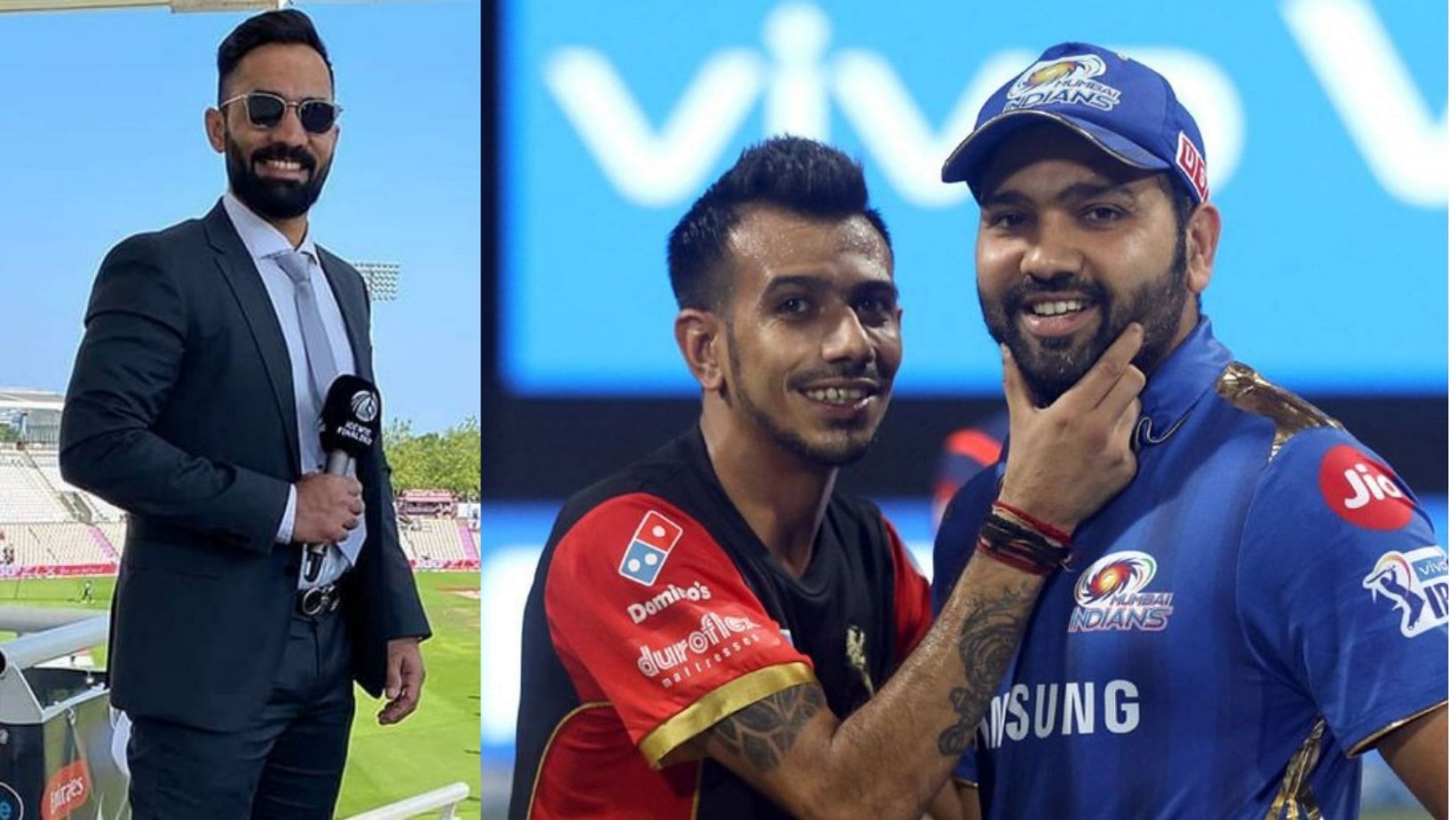 Dinesh Karthik (L) talks up Yuzvendra Chahal&#039;s relationship with Rohit Sharma.