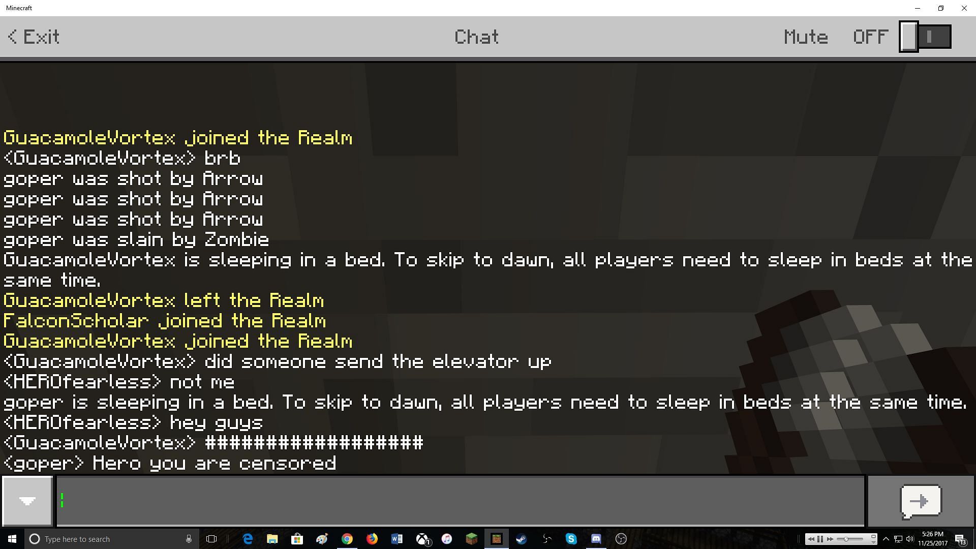 The chat is used for entering messages, death messages and commands (Image via Minecraft)